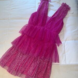 VICI Hot Pink Glitter Always Tulle Ruffle Dress Medium Sparkle Bachelorette